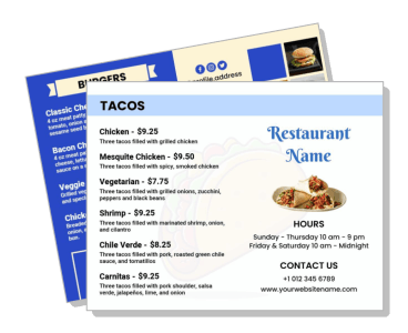 restaurant menu design with tacos and burgers options template