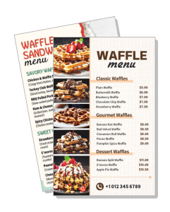 restaurant waffle menu design with prices and photos variety of waffle options template