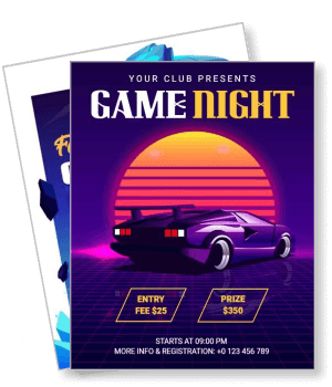 retro game night with sports car and neon sunset theme template