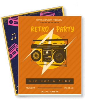 retro hip hop dance party poster with boombox and vibrant background template