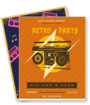 retro hip hop dance party with boombox and vibrant background template