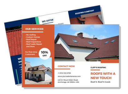 roofing company promotional flyer mockup with services discount offer details template