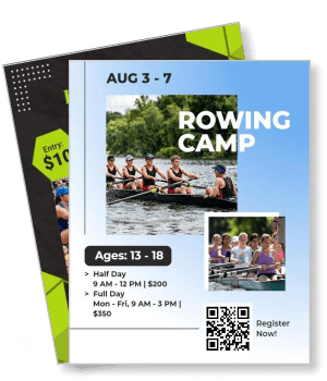 rowing camp promo flyer with dates and qr code template