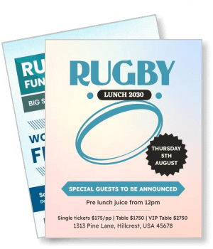 rugby lunch 2030 event with rugby ball and ticket details template