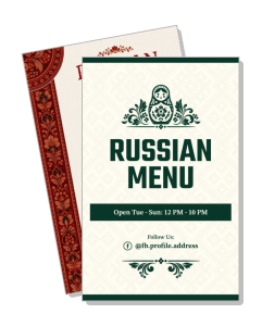 russian restaurant menu design with matryoshka and opening hours template