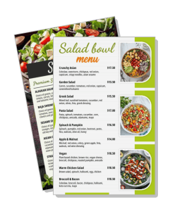 salad bowl menu design with detailed plate images and pricing template