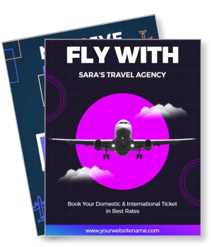 saras travel agency fly with airplane poster design template