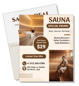 sauna special promo flyer with price details and contact information template