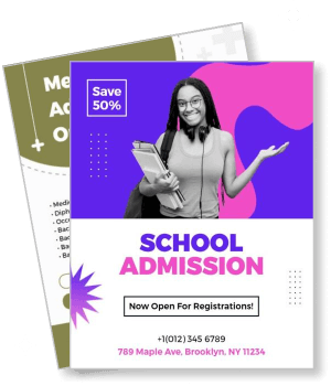school admission with contact information and 50 percent discount template