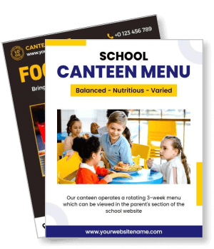 school canteen menu brochure with kids eating balanced nutritious varied meal template