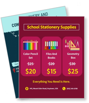 school stationery supplies promotion flyer color pencil files geometry box template