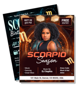 scorpio season birthday party poster dj sophia free entry music dance october 22 template