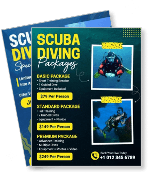scuba diving packages advertisement flyer with pricing and contact details template