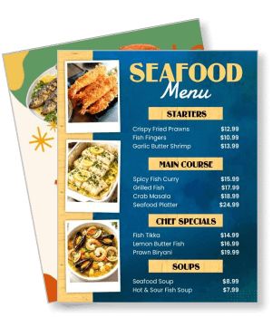 seafood restaurant menu design with starters main course chef specials and soups template