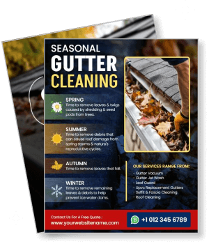 seasonal gutter cleaning services promotional flyer design with leaf filled gutter image template