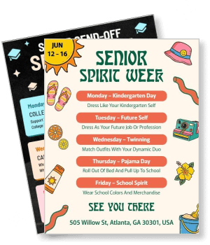 senior spirit week flyer with daily dress themes and event details template