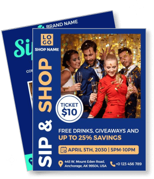 sip shop event flyer with ticket price and date details template