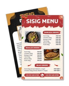 sisig restaurant menu design with dishes and prices template
