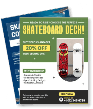 skateboard deck promo with offer details and contact info template