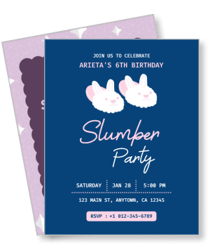 slumber party birthday invitation card with bunny sleepover theme template