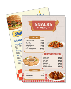 snacks menu flyer design with prices and images of crispy food varieties template