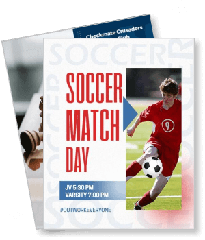 soccer match day with player kicking ball in red jersey event details template