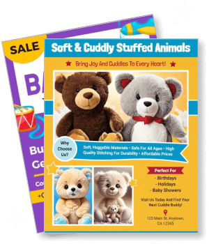 soft cuddly stuffed animals advertisement for kids gifts and holidays template