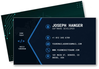 software developer business card dark blue design personal info template