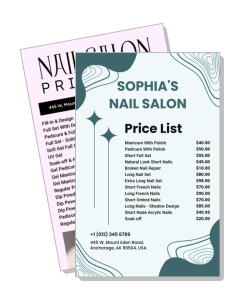 sophias nail salon price list flyer with telephone and address details template