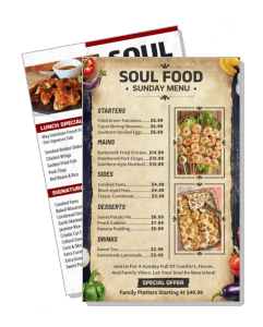 soul food sunday menu flyer with prices and dishes template