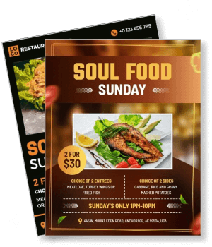 soul food sunday promo restaurant menu deal two entrees sides location contact template