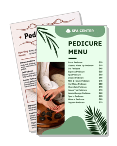 spa center pedicure menu design with prices and service list template