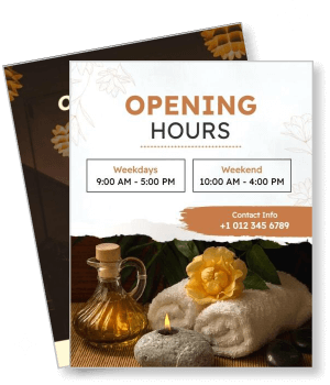 spa opening hours with contact information and relaxing items template