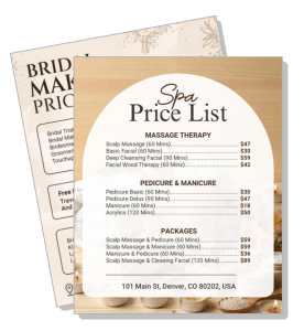 spa salon price list brochure template with massage and nail care services