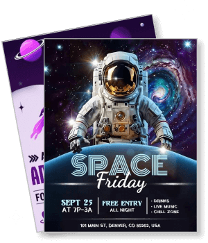 space friday party poster astronaut galaxy background event details template