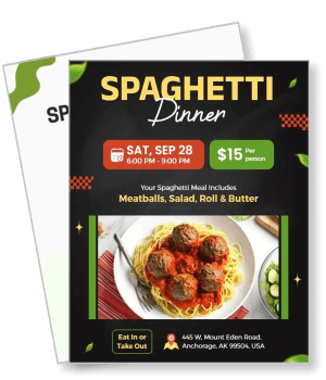 spaghetti dinner with date price location and food inclusion details template
