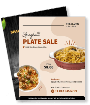 spaghetti plate sale event invitation with price and location details template