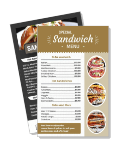 special sandwich menu display with prices and images template