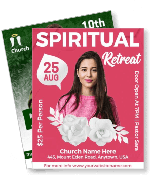 spiritual retreat event flyer with woman and white flowers template