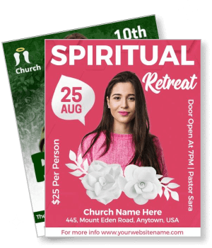 spiritual retreat event with woman and white flowers template