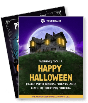 spooky halloween greeting card haunted house night moon yourbrand template