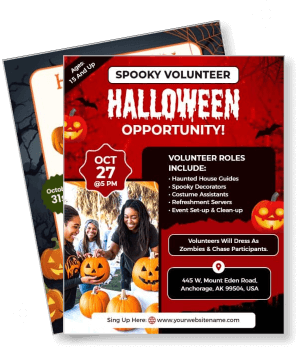 spooky volunteer halloween opportunity with pumpkins and costumed group template