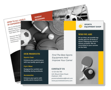 sports equipment shop promotional flyer with product information template