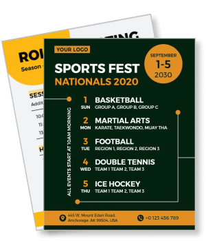 sports fest nationals 2020 schedule design with event details and contact info template