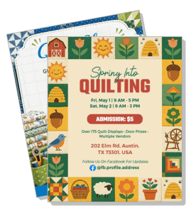 spring into quilting event poster with details and illustrations template