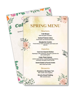 spring restaurant menu design with floral decor and dishes list template