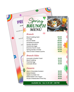 spring themed brunch menu design with food and prices template