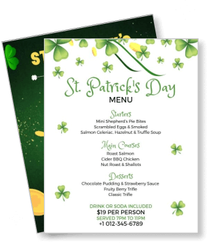 st patricks day themed menu with shamrock design and contact information template