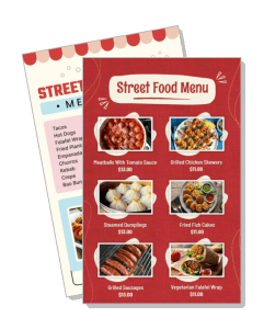 street food menu with meatballs dumplings chicken skewers template