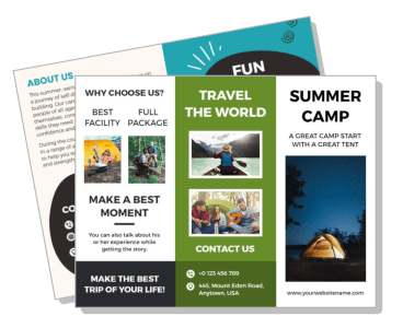 summer camp brochure design with travel world promotions template